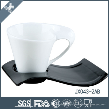 JX043-2AB 200CC tasse en porcelaine et soucoupe, tasse blanche et Ssucer noir